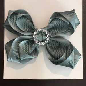 Elegant Kids Hair Bow with Rhinestone Center - Gray